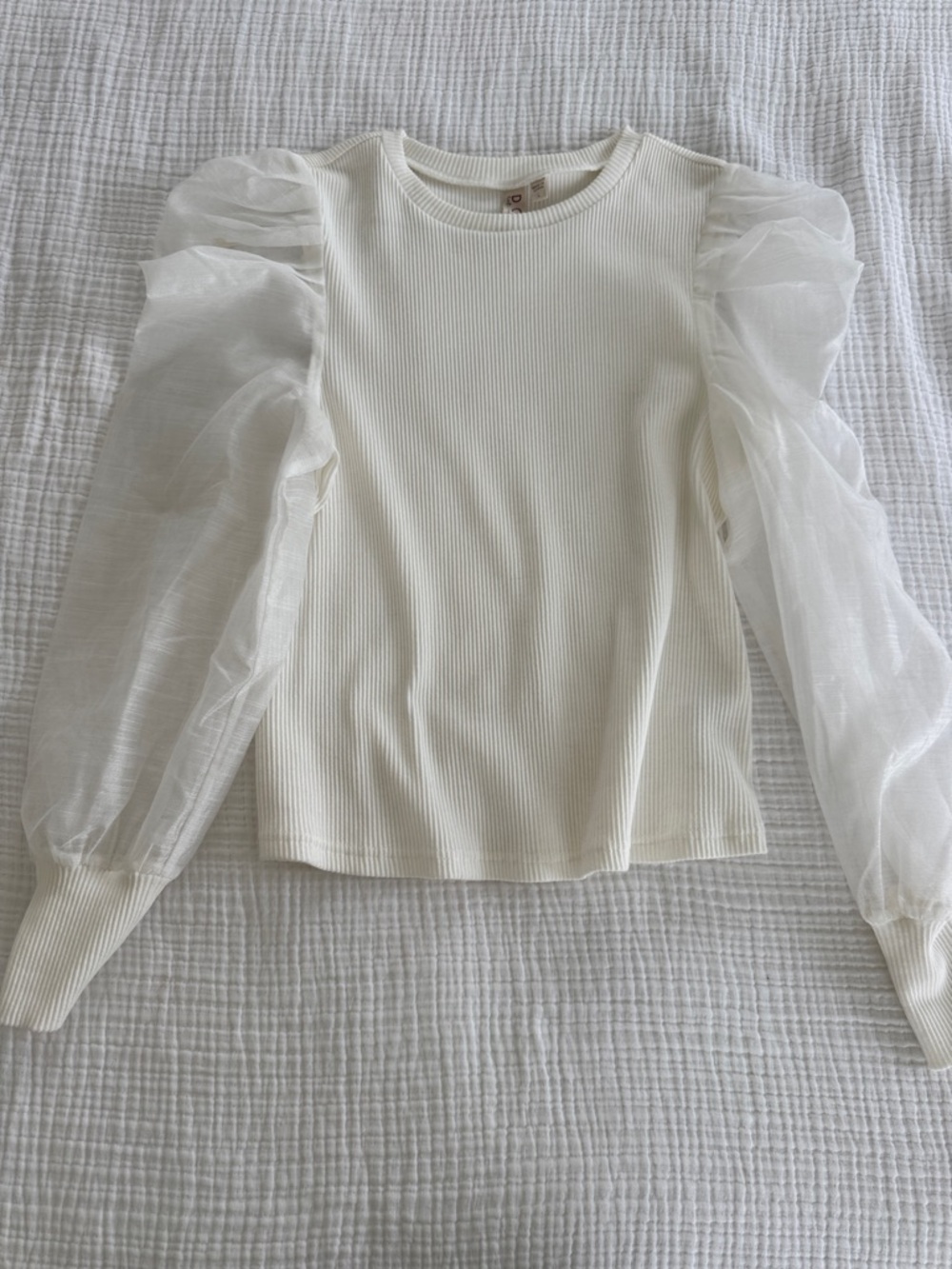 Anthropologie Sheer Puff Sleeve Ribbed Top - Ivory/Cream
